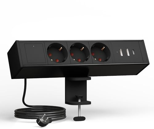 Tischsteckdose mit 2 USB und 1 Type C Port,3 Fach Steckdosenleiste mit Schalter, 1,8M Kabel, Schreibtisch Mehrfachsteckdose Klemmbar für Zuhause Büro