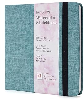 tumuarta Aquarell Skizzenbuch, 15x15 cm, 300 g/m², 100% Baumwollpapier, kaltgepresst, 24 Blatt, 48 Seiten, Aquarell-Journal für die Verwendung als Reiseskizzenbuch und Mixed-Media-Notizblock (Blue)