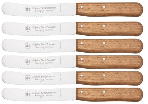 RÖR Küchenmesser/Brotzeitmesser - Buckelsmesser Set 6-teilig mit Wellenschliff - rostfrei mit Buchenholzgriff - Länge: ca. 22 cm - Made in Germany/Solingen