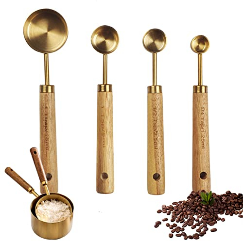 Tuzsocr Measuring Spoons Set of 4 with Acacia Wood Handle, Stainless Steel Gold Measuring Cups Kit, Coffee Scoop with Engraved Measurements, for Dry and Liquid Ingredients Cooking & Baking (Spoon)