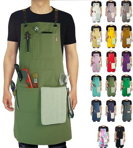 Stenffy Tablier de travail fait à la main, toile de coton, plusieurs poches, tablier réglable à dos croisé, tablier pour barbecue, café, peinture, charpentier, artiste, tabliers pour hommes et femmes,