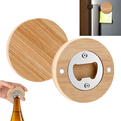 Jeffdad 2 Stück Bieröffner Holz, Bierflaschenöffner mit Magnet, Tragbare Flaschenöffner Holz Einfache Lagerung Kapselheber Kronkorkenöffner, Bierkorkenzieher Befestigt am Kühlschrank(Rund)