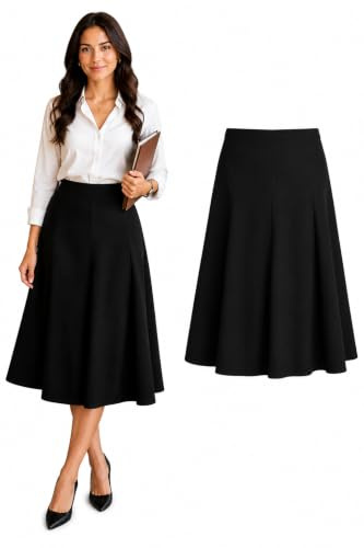 Inspire Me Womens Skirts 8 Panel Half Elasticated 27 Inch Knee Length Casual Stretchy Flared Work Dress Maxi Skirt Ladies Soft Stretch Pleated Skirt Multiple Colours Girls School Skirt(Black, 18)