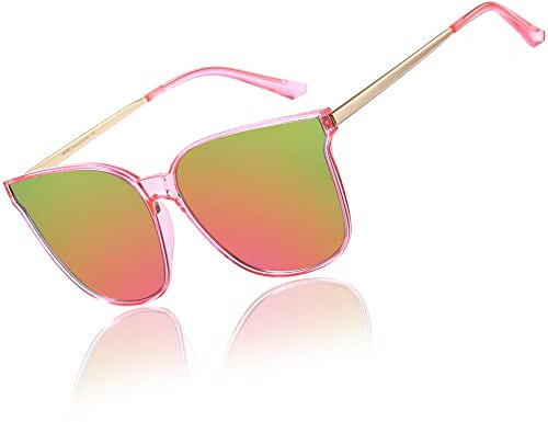 DUCO Damen Polarisierte Sonnenbrille mit UV400 Schutz Vintage Klassisch Runde Metall Rahmen Leichtgewicht Übergroß (Rosa Rahmen Bunte Linse)