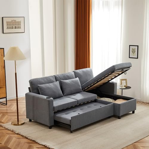 ModernLuxe Corner Sofa Bed with Storage, 3 Seater Sofas with Cup Holders and Magazine Pockets, Pull out Sofa Bed for 2 Sleepers, Iron Frame, Generous Padding, L Shaped Sofa for Living Room, Grey