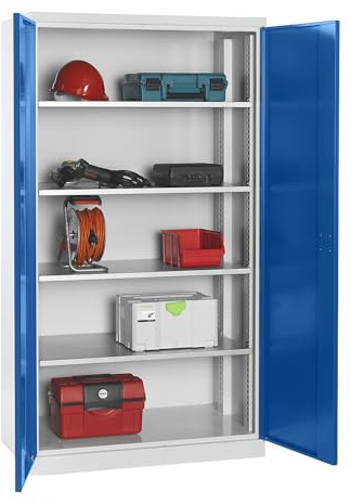 eurokraft pro | Materialschrank | Tiefe 650 mm, 4 Fachböden und Vollblechtüren, Türen blau