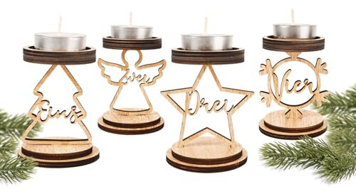 BOFUNX 4er Adventszahlen Kerzenhalter Holz Kerzenständer 1 2 3 4 Advent Zahlen Kerzenhalter für Adventskranz Tischdeko Weihnachtsdeko Weihnachten Geschenk