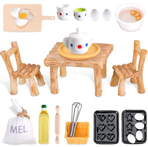 23 Stück Tisch Und Stuhl Wichtel - Miniatur Lebensmittel Puppenhaus Zubehör Weihnachten Miniatur Wichtel Zubehör Essen Puppenhaus Miniatur Tisch Stuh Harz Lebensmittel Spielzeug Set