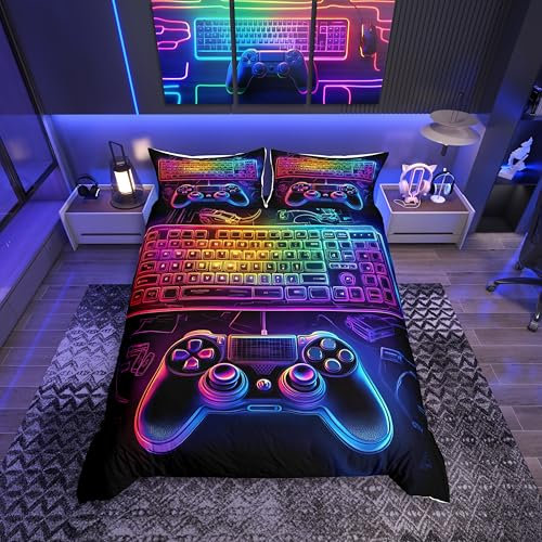 Loussiesd Gamer Bettwäsche Set 135x200cm Neon Gamer Bettbezug für Kinder Jungen Mädchen Bunte Spiel Controller Bettbezug Videospiel Atmungsaktiv Bettwäsche-Set Schlafzimmer Sammlung