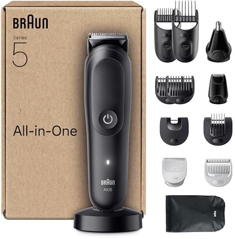 Braun Tondeuse Electrique Tout-En-Un Pour Hommes Series 5 AIO5565 Noir, etanche, Kit De Rasage 13-En-1 Avec Lame Ultra Affûtée, Coffret Avec 8 Sabots Pour Les Cheveux, La Barbe, Le Nez et Le Corps