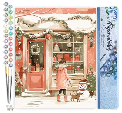 Figured'Art Peinture par Numéro Adulte Jeune femme et son Chien à Noël - Activité Manuelle Kit de Loisir Créatif DIY Numéro d'Art Complet - 40x50cm sans châssis en bois
