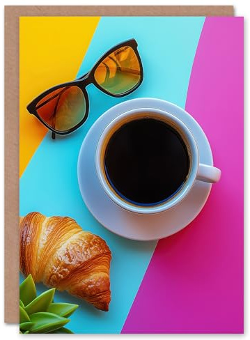 Artery8 Greeting Card Coffee Sunglasses Croissant Colourful Modern Blank For Him Or Her Art Birthday Card