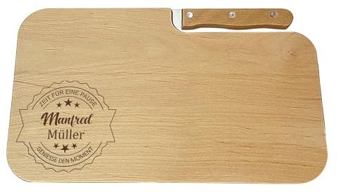 Personalisiertes Brotzeitbrett mit Messer – Frühstücksbrett aus Holz mit Gravur – Geschenk für Papa, Männer, Camper & Wanderer – Vatertags- & Geburtstagsgeschenk (Zeit für eine Pause)