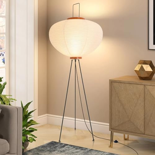 Floor lamp Paper,Tripod Floor Lamp Unusual,Rice Paper Japanese Lamps,Tall Lamps for Living Room,Home Office Decorative,Standing Light Bedroom,Black Tripod Stand,E27 Base Holder,Off White Lampshade