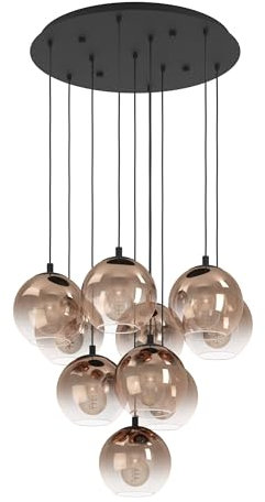 EGLO Cluster Hängelampe Ariscani 1, 10-flammige Pendelleuchte, Hängeleuchte Treppenhaus Galerie, Kronleuchter aus Metall in schwarz und Glas in Kupfer, E27 Fassung, Ø 64,5 cm