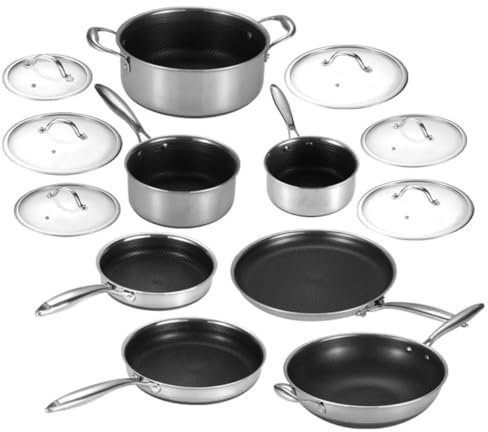 HexPro 13-Piece Stainless Steel Hybrid Cookware Set – Tri-Ply Nonstick Frypans, Milk Pots, Soup Pot & Lids – Stay-Cool Handles – Scratch-Resistant, Dishwasher, Oven & Induction Safe.