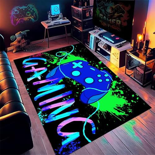 Kuluoits Gaming Rug for Boys Bedroom, 60x110cm, Gamepad Gaming Rug, Colorful Graffiti Game Theme, Low-Lint Machine Washable Non-Slip Mat for Living Room, Bedroom, Playroom Carpet