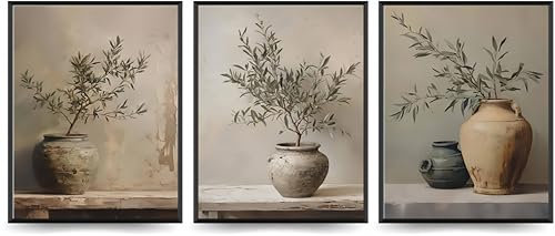 Linilioart 3Pcs Vintage Botanical Wall Art Olive Tree in Vessel Canvas Print Retro Green Rustic Farmhouse Decor for Bedroom,Unframed (30x40cm)