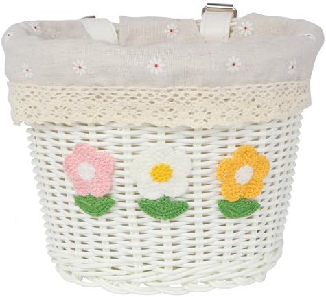 AVASTA Kids Bike Basket für 12 14 16 Mädchen & Jungen Fahrräder, Cute Style Kinderfahrrad Aufbewahrungskorb, kommt mit Lederriemen, geeignet für Kinderwagen Lenker, Weiß Weben