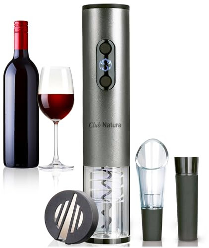 SET DE VINO 4 en 1 CON SACACORCHOS ELÉCTRICO. Fácil, rápido y seguro. Extrae el corcho pulsando un botón Con 3 accesorios: Corta-Cápsulas, Tapón Decantador y Tapón de Vacío Incluye pilas recargables