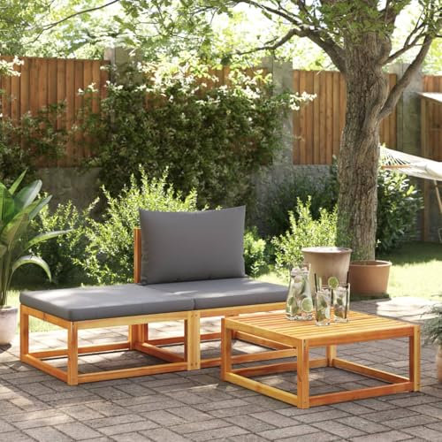 SDWEHO7 3er-Set Gartenmöbel, Outdoor Sitzgruppe mit Tisch, Auflagen & Hocker, Balkonmöbel Balkonset Terrassenmöbel Garten Lounge Set, Massivholz Akazie