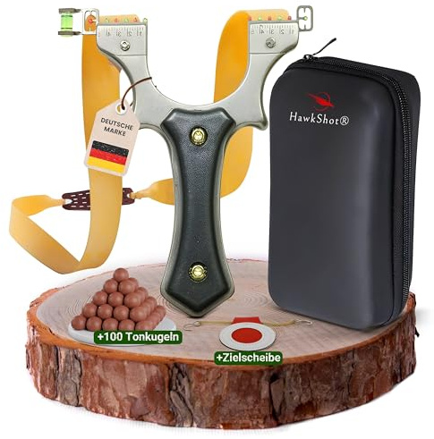 HawkShot® Profi Stahl Steinschleuder Shadow-Hit Pro Zwille mit Stahlkorpus | Steinschleuder-Set mit massivem Stahlkorpus, ABS-Griffschalen, Flachband-Gummis & umfangreichem Zubehör – robust & langlebig
