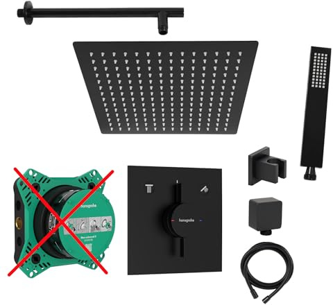 vanvilla Duschsystem Unterputz mit Duscharmatur Hansgrohe schwarz HGS281ob | Duscharmatur von Hansgrohe DuoTurn E und vanvilla Regendusche Duschkopf eckig, Dusch-SET schwarz matt beschichtet