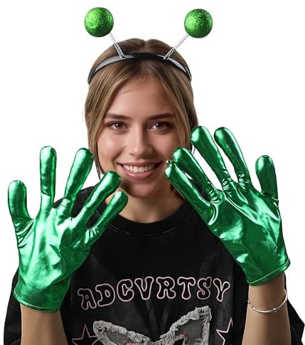 IPENNY Alien Kostüm Set für Erwachsene mit Glitter Tentakel Haarreif und Ein Paar Handschuhe Außerirdischer Halloween Zubehör für Weihnacht Rave Party und Disco Clubs