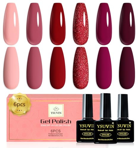 YSUVIN UV Nagellack, 6 Farben Rot Soak-Off UV Gellack DIY Nail Art | Pfirsichrosa schimmerndes Rosa Purpurrot Burgunderrot Gel Nagellack für Frauen Home Maniküre Salon, Langlebig, 8 ML