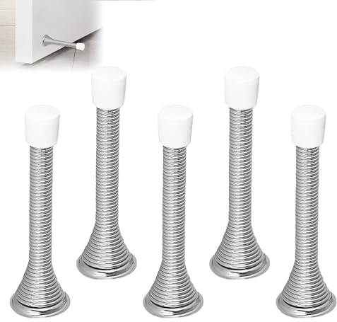 Spring Door Stop, Wall Mounted, Metal Chrome, 85mm, 5Pcs, Silver | Spring Door Stoppers, Rubber Tip and Screws, For Skirtings, Protect Walls and Doors, Reduce Noise