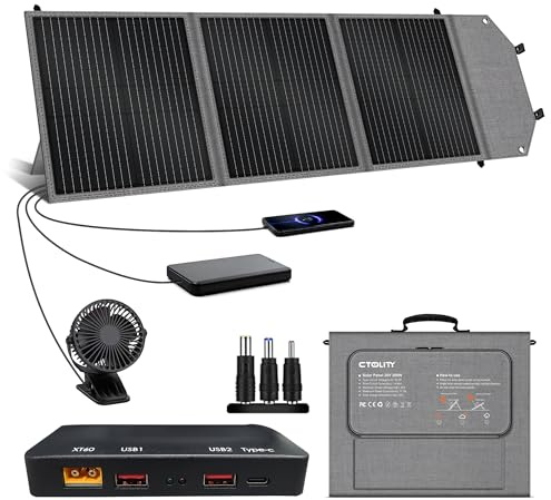 CTOLITY 100W Panneau Solaire Pliable avec 5 Ports avec Sorties USB-A/C, QC3.0, PD3.0 et CC, Chargeur de Panneau Solaire avec Support pour Le Camping Power Station générateur Solaire téléphone