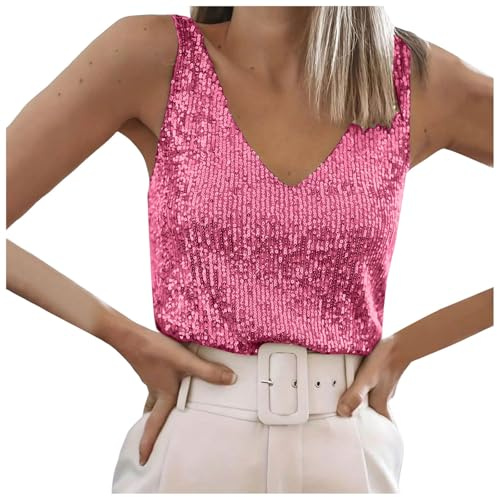 Damen Tanktops Pailletten Damen Glitzer Oberteile Tank Party Disco Weste Abend Glitzertop V-Ausschnitt Ärmelloses Top Spaghettiträger Blusen Mit Schimmernden