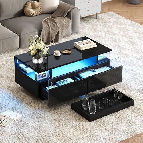 BTM 90x45x35.5 cm Couchtisch mit Tablett, Hochglanz, Wohnzimmer, Sofatisch, 2 Schubladen, gehärtetes Glas, Kaffeetisch, LED-Licht, Schwarz