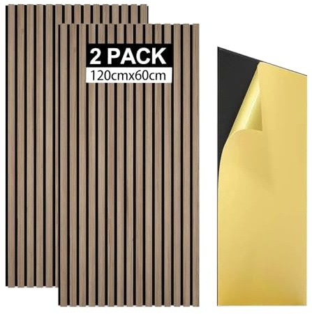 Akustikpaneele Wandpaneele Holz 1,44㎡-2er Set 120x60cm Selbstklebend 3D Wandpaneele holz Holzpaneele wand als Schallschutzplatten,Wandverkleidung Holzoptik(Selbstklebend- Walnussbraun)