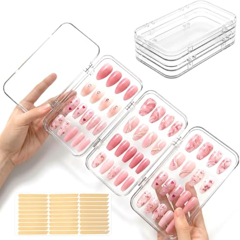 Sorcristy Press On Nail Organizer Case, Tri-Fold Clear Acrylic Empty Storage Box, Portable Storage Box for Fake Nails, Transparent Pet Case With 60pcs Double-Sided Adhesive Tape(5.91×3.15×1.85 Inches