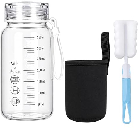 GYTFOG Glass Water Bottle, 350ml Water Bottle, Glass Water Bottle with Measurements, Clear Water Bottle with Insulated Sleeve,with Cleaning Cup Brush,Microwave Safe Travel Coffee Cup