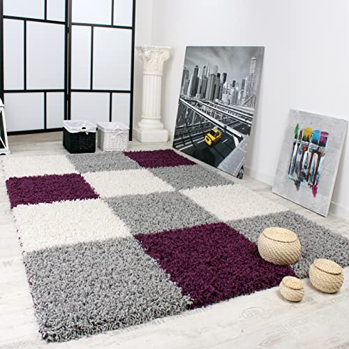 Paco Home Hochflor Teppich Wohnzimmer Wohnzimmerteppich Schlafzimmer Shaggy Modern Geometrisches Kariertes Muster, Grösse:240x320 cm, Farbe:Lila