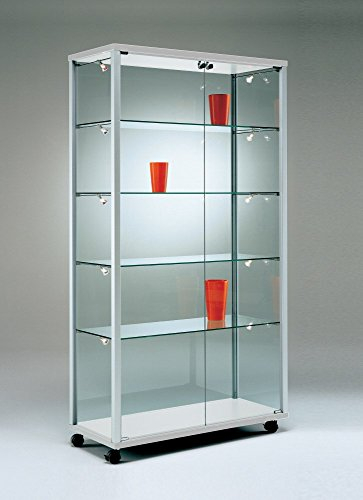 MHN Glasvitrine mit Rollen T 43 x B 79 x H 183,5 cm - breite Glas Standvitrine abschließbar - Ausstellungs-Vitrine ohne Beleuchtung - mit Spiegel-Rückwand