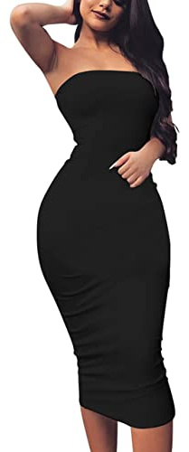 BORIFLORS Women's Sexy Bodycon Tube Top Party Club Midi Dress,M,Black