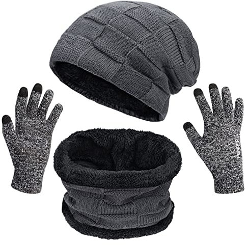 Petrunup Mütze Handschuh und Schal Set Herren, 3Pcs Winter Beany Mütze Snood und Touchscreen-Handschuhe mit Fleecefutter, Grau