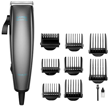 Cecotec Cortapelos Bamba PrecisionCare Power Blade Titanium, Cuchillas de Acero Inoxidable con Recubrimiento de Titanio, Palanca de ajuste regulable, Con cable, Color Gris, 9 Peines