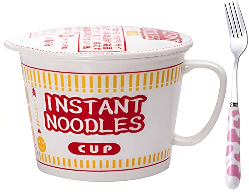 ECTbicyk 1000ml Ceramic Noodle Bowl with Lid Big Ramen Bowl Set with Fork Large Soup Mug with Handle Cute Cereal Cup Noodles Bowl Red Microwave Safe