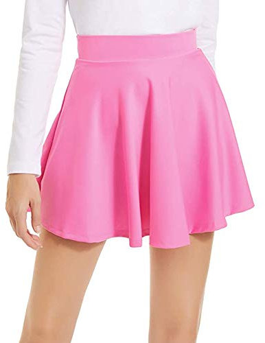 Geagodelia - Gonna da donna, elastica, tinta unita, a vita alta, elasticizzata, svasata, a pieghe rosa S