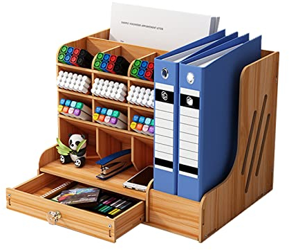 Catekro Desk Organizer,Desk Storage Box Wooden Multi-Function Drawer Desk Storage Box Stationery Storage Pen Holder For Office, School And Home (Large-Brown)