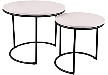 Industriedesign Beistelltisch 2er Set mit schwarzem Metallgestell rund und Holzplatte in Weiß