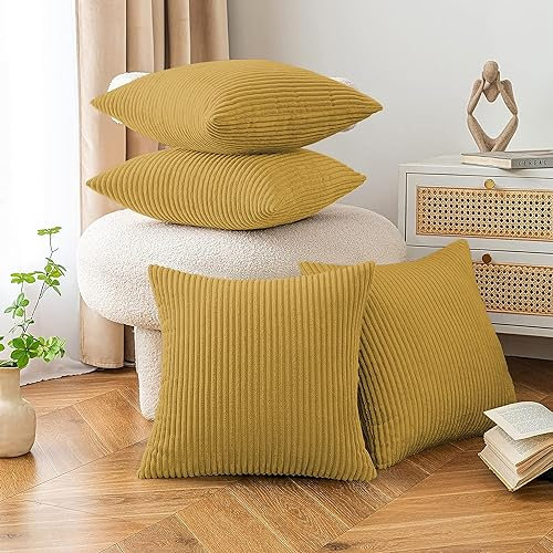 AMEHA Soft Corduroy Ochre Velvet Cushion Covers 45 x 45 cm Set of 4 Pcs with Invisible Zipper Decorative Square Throw Pillowcases for Bedroom, Sofa (18x18 inch Stripe Cushions)