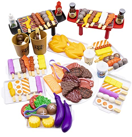 Zhongren Juego de 80 piezas de comida para barbacoa, juego de barbacoa, juguete, parrilla, cocina, herramientas de cocina, juguetes de rol para niños y niñas, regalos de cumpleaños de Navidad