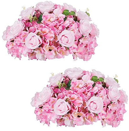 Inweder Centrotavola di Fiori Artificiali per Tavolo - 2 Pezzi Grandi Palline di Fiori Finti Rosa Centrotavola di Fiori Finti Rose di Seta e Ortensia con Base in Plastica Decorazioni di Nozze