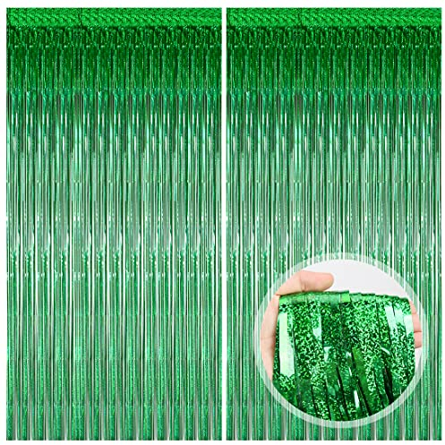 O-Kinee Lametta Vorhänge Grün Glitzer, 2 Stück Metallische Glitzervorhang Fringe 1m x 2m, Glitzer Tinsel Curtain, Folienfransen Vorhang für Weihnachtsbaum Geburtstage Festivals Party Bühnendekor