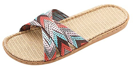 Sandales pour femme - Chaussons d'été bohémiens - Sandales à plateforme - Sandales à bout ouvert - Pantoufles en lin - Sangle croisée colorée - Sandales de paille pour femme, kaki, 35